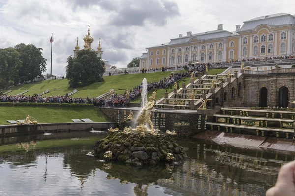 Saint-Petersburg 'da. - Rusya. 30 Temmuz 2017. Petergof Sarayı ve büyük çağlayanın ünlü çeşmeleri. Peterhof 'daki büyük çeşme Samson.