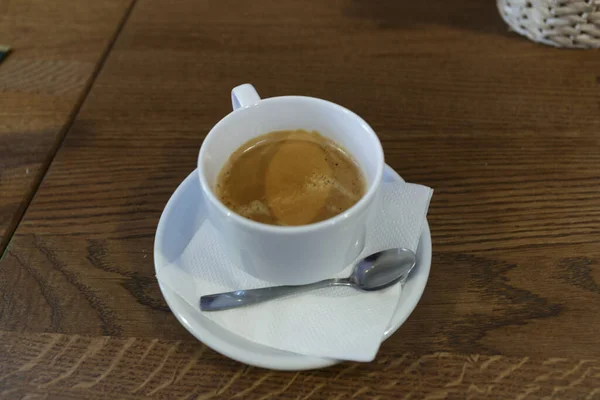 Kopje Koffie Voor Een Zakenlunch Een Houten Tafel — Stockfoto