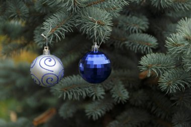 Gümüş ve Mavi Kristal toplar Noel ağacında. 2021.