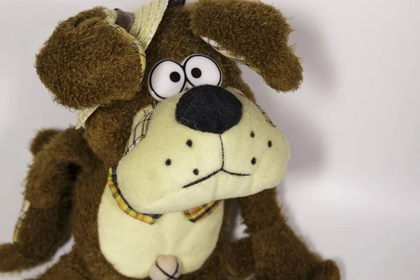 The Plush Dog in the Straw Hat. Symbol of the New Year. Stuffed Toy on a White Background.