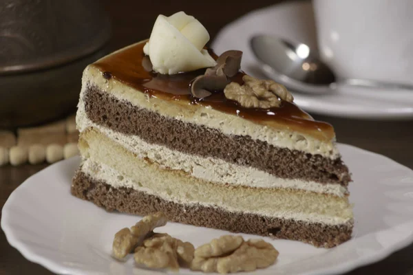 Печенье Торт Шоколадом Кленовый Сироп Walnuts Triple Слоя Шоколадный Карамельный — стоковое фото