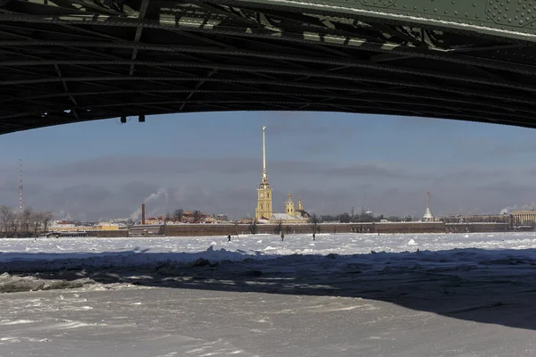 Rusya Nın Saint Petersburg Şehrinde Kış Manzarası Saray Köprüsü Rostral — Stok fotoğraf