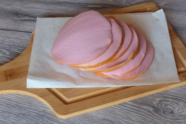 Sliced Pork Natural Sausage Cutting Board Unhealthy Eating — Stock Photo, Image