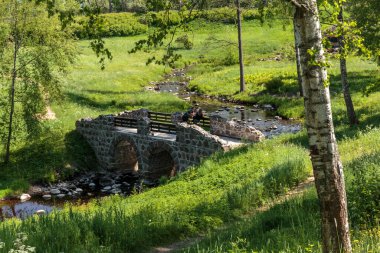 Oranienbaum Eyalet Parkı 'ndaki Taş Köprü ve Ağaçlar, Saint Petersburg, Rusya.