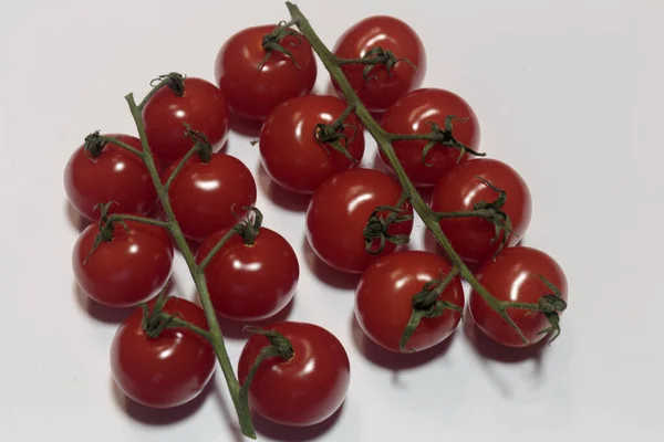 Sarmaşıkta Kırmızı Organik Çiğ Domatesler Kırmızı Olgun Domateslerin Dalları Beyaz — Stok fotoğraf