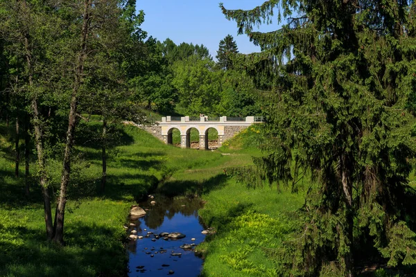 Puente Piedra Árboles Parque Estatal Oranienbaum San Petersburgo Rusia — Foto de Stock