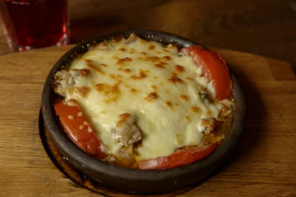 Fleisch Einer Pfanne Gebacken Mit Gemüse Und Käse Gerichte Der — Stockfoto