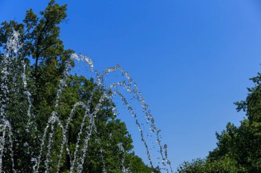 Fıskiyelerin suyu damlalara saçılıyor. St. Petersburg, Rusya 'daki Halk Parkı.