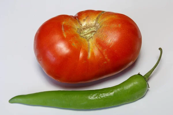 Fresh Tomato Hot Cayenne Pepper White Background — Stock Photo, Image