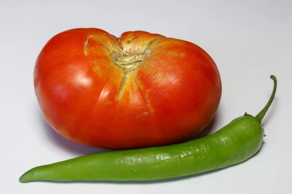 Fresh Tomato Hot Cayenne Pepper White Background — Stock Photo, Image