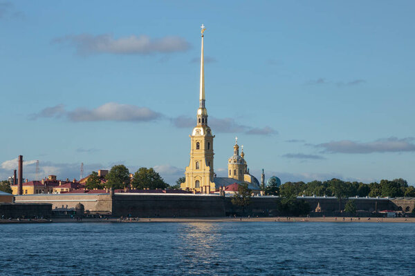 Peter and Paul fortress and orthodox Peter and Paul cathedral, view from Neva river.