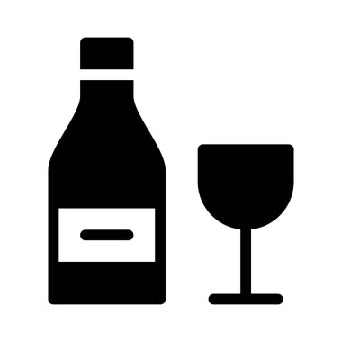 Beyaz arkaplanda şarap şişesi ve cam simgesi, vektör illüstrasyonu
