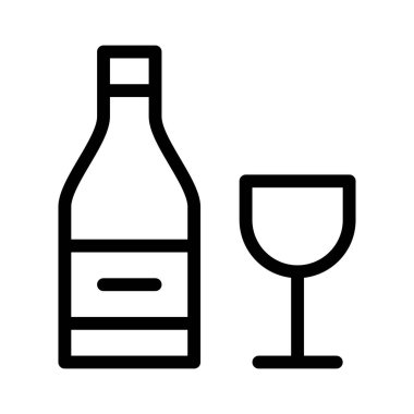 Beyaz arkaplanda şarap şişesi ve cam simgesi, vektör illüstrasyonu
