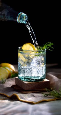 Limonlu bardakta servis edilen şeffaf kabarcıklı sıvı.