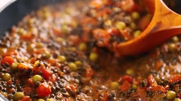 Close Spoon Serving Pan Black Lentil Curry — Stock Video