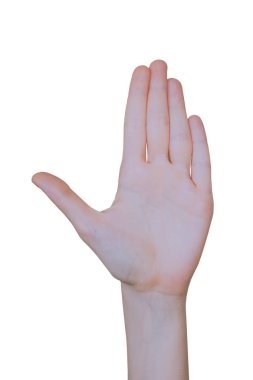 Merhaba veya işareti, genç kadın izole el hareketi durdurmak