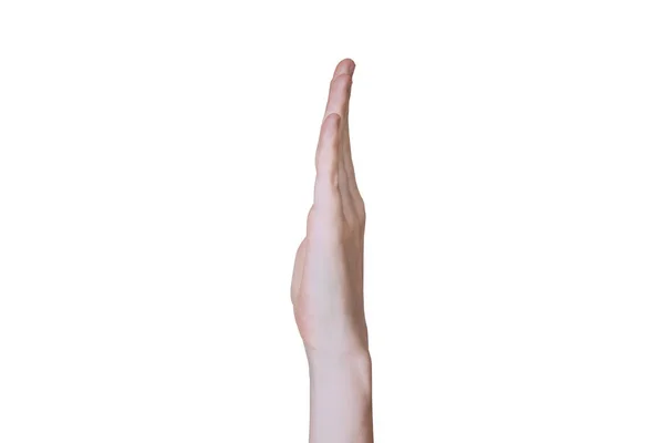Вітаємо або зупиняємо знак, молода жінка рука ізольована жест — стокове фото