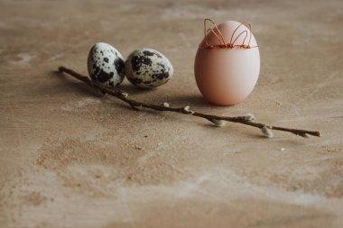 Ahşap arka plan üzerinde söğüt dalı ve tavşan kulakları ile beyaz yumurta Demet