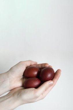 Tanınmayan kadınlar üç yumurta tutarlar. Kırmızı bir Paskalya yumurtası devirmek. Eski tatil geleneği. Beyaz arka planda izole edilmiş. Metin boş alan. Mutlu Paskalya!