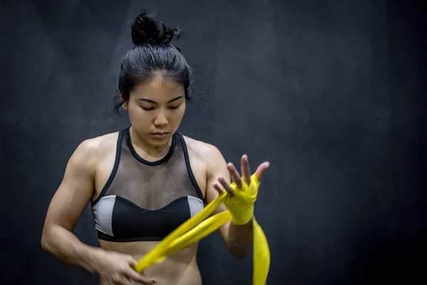 Asian Female Boxer Wearing Yellow Strap Wrist Beautiful Young Woman — Stock Photo, Image