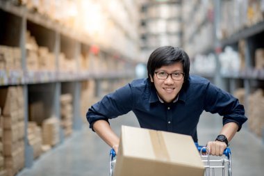 Karton kutunun içine koyarak arabası araba kullanan genç Asya mutlu adam. Mobilya depo toptan kavram alışveriş