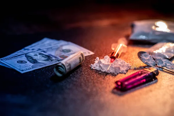 Drug Injection Syringe Heroin Powder Spoon Cigarette Lighter Heroin Cooking — Stock Photo, Image
