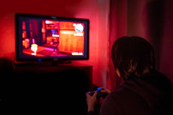 Young Male Gamer Glasses Playing Video Game Home Dark Room — Stock Photo, Image