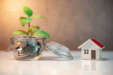 Gayrimenkul yatırım özelliği. Ev ipotek kredi oranı. Gelecekteki kavramı için para tasarrufu. Cam kavanoz ve ev modeli paralar dışarı masaya büyüyen yeşil bitki yansıması