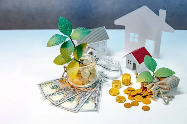 Real estate investment or property ladder. Home mortgage loan rate. Saving money concept. House model and plant growing out of coins in glass jar with dollar banknotes and gold coins spilling on table