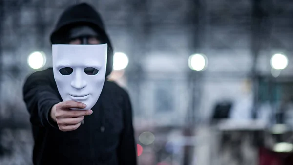 Mystery Hoodie Man Black Mask Holding White Mask His Hand — Stock Photo, Image