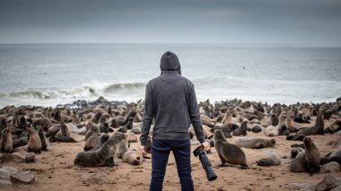Kapüşonlu adam seyyahı ve on binlerce kürk fokları Cape çapraz, iskelet Sahil Milli Parkı, Namibya, Afrika üzerinde duran fotoğrafçı. Yaban hayatı fotoğraf kavramı