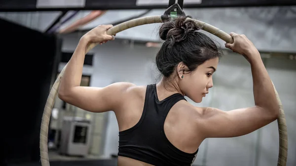 Asian Gymnast Girl Doing Her Gymnastics Performance Aerial Hoop Aerial — Stock Photo, Image