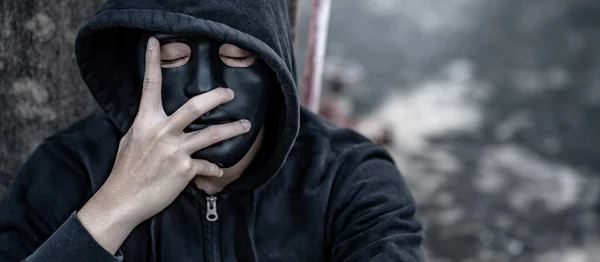 Mystery Man Black Mask Hoodie Jacket Sitting Abandoned Building Feeling — Stock Photo, Image