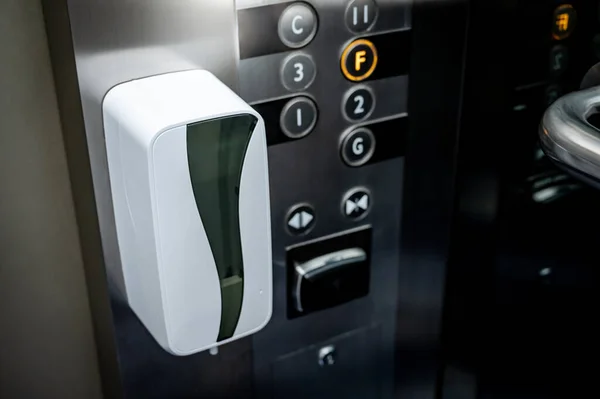 Automatic Alcohol Dispenser Cleaning Hand Passenger Lift Elevator Coronavirus Covid — Stock Photo, Image