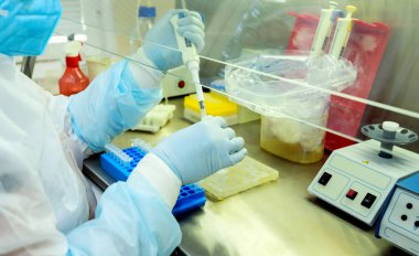 Bir laboratuvar teknisyeni, gaz kaputu içinde covid 19 'u analiz ediyor..