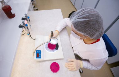 Laboratuvarda bakteri kültürü olan bir petri kabını tutan el.