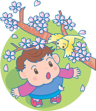 Ağaçta kuşla oynayan mutlu bir bebeğin vektör çizimi