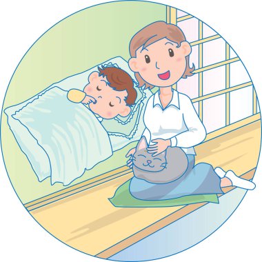 Bir annenin bebeğe masal anlatmasının vektör çizimi