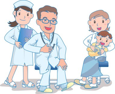 Bebeği kontrol eden mutlu bir çocuk doktorunun vektör çizimi