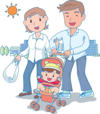 Dışarıda gezen mutlu bir ailenin vektör illüstrasyonu