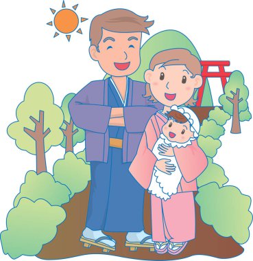Etnik Japonca giyinmiş mutlu bir ailenin vektör çizimi 