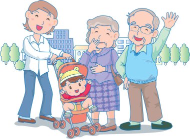 Mutlu bir bebeğin dışarıda ailesiyle dolaşmasının vektör illüstrasyonu