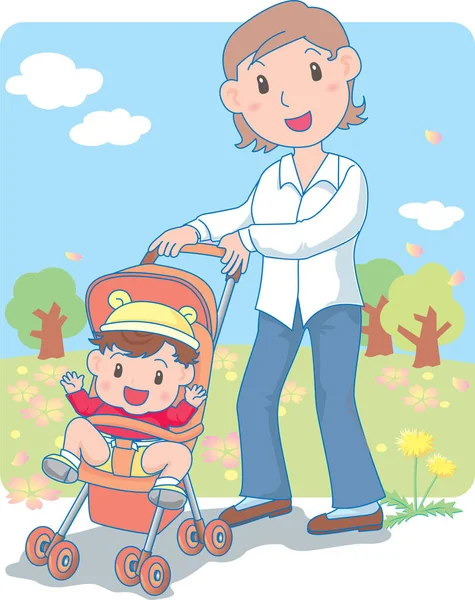 Annesiyle parkta gezen mutlu bir bebeğin vektör çizimi.