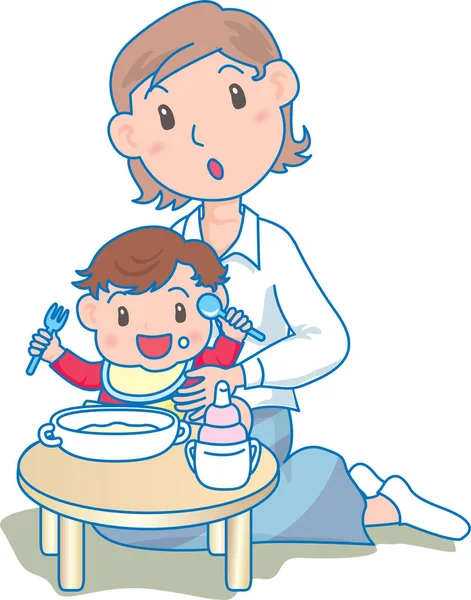 Vetor Ilustração Uma Mãe Feliz Alimentando Criança —  Vetores de Stock