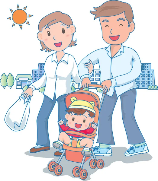 Vector Ilustración Una Familia Feliz Paseando Aire Libre — Archivo Imágenes Vectoriales