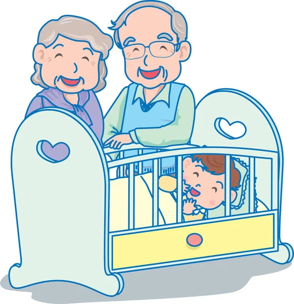Vektor Illustration Lycklig Bebis Inuti Barnsäng Med Morföräldrar — Stock vektor