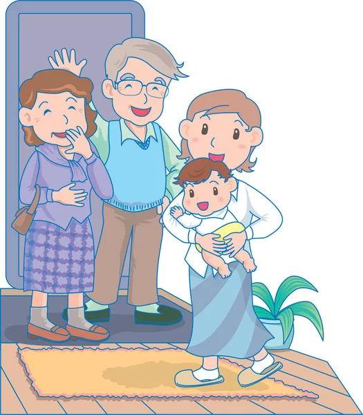 Vektor Illustration Ett Lyckligt Barn Skicka Iväg Någon Med Familj — Stock vektor