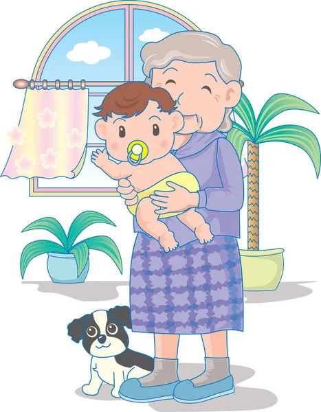 Ilustração Vetorial Bebê Feliz Brincando Nas Mãos Avó —  Vetores de Stock