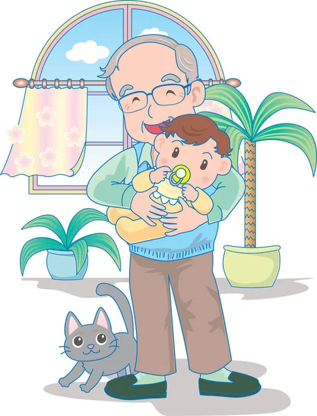 Vektor Illustration Ett Lyckligt Barn Som Leker Farfars Händer — Stock vektor