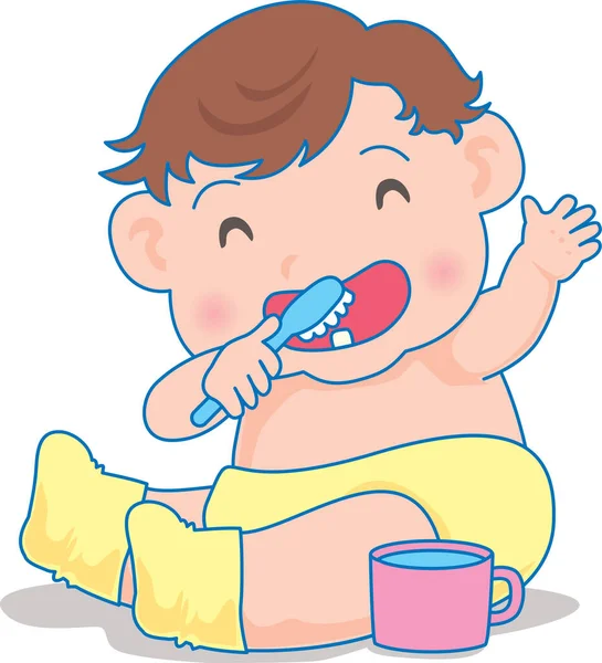 Ilustração Vetorial Bebê Feliz Escovando Dentes Gráficos Vetores
